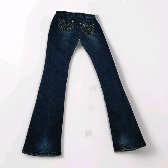 Y2k Vtg Almost Famous Dark Denim Boot Cut Flare Low Rise Jeans XS 1 Embellished - Picture 1 of 13